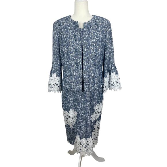 Alberto Makali Lace Trim Midi Dress Set Blue White Mother of The Bride Size 12/L - Picture 1 of 16